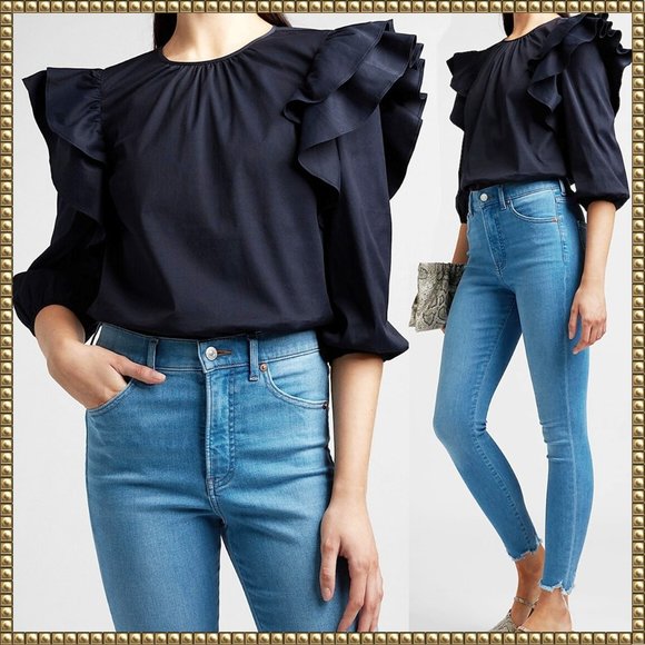 Express Tops - NWOT Express Navy Tiered Ruffle Shoulder A-Line Top Blouse Size XL